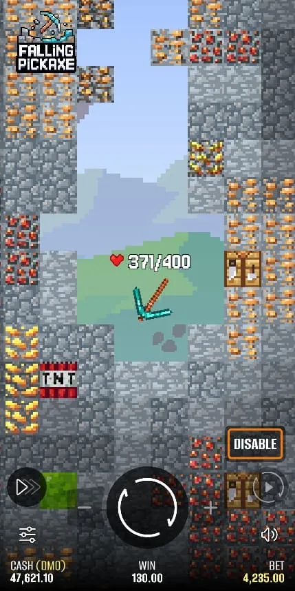 Falling Pickaxe mid-round with multipliers collected as the pickaxe breaks ore blocks